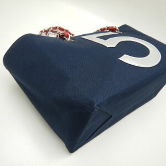 CHANEL Coco Mark Chain Tote Bag Canvas Leather Navy Blue White - Picture 4 of 8